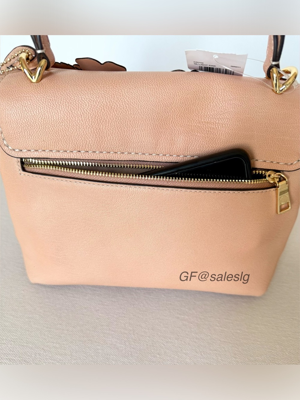 NWT Coach Emory Floral Appliqué Top Handle Bag Leather Crossbody Gold/Light Pink - Picture 5 of 12